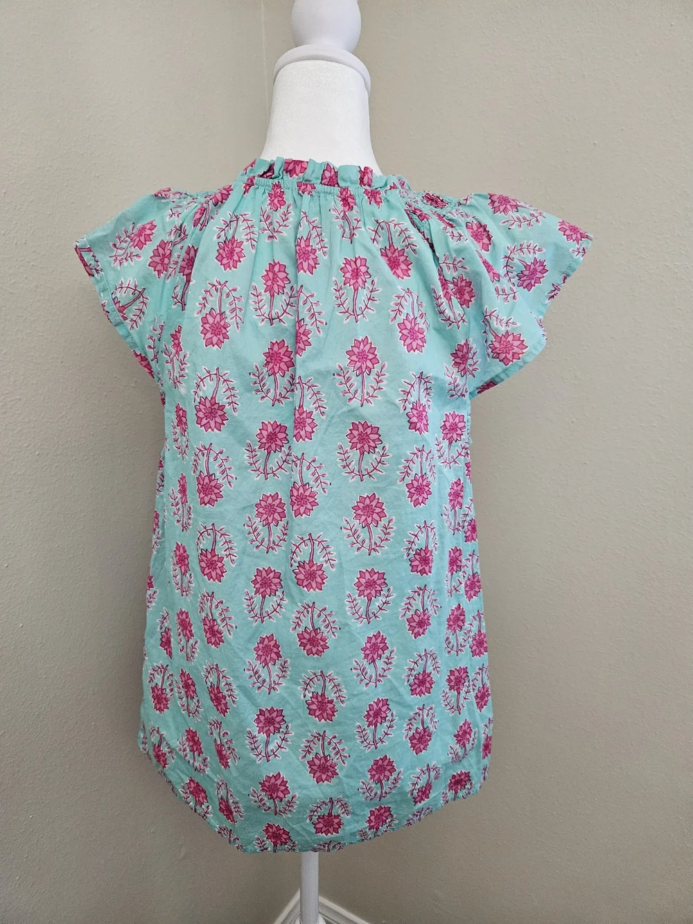 J. Crew Mint Green Blouse with Pink Floral Print